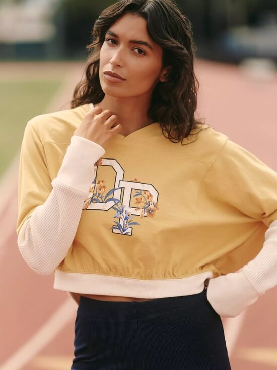 Daily Practice Tops - Daily Practice Anthropologie Coin Toss Crop Top Yellow + Cream Sweatshirt, Large